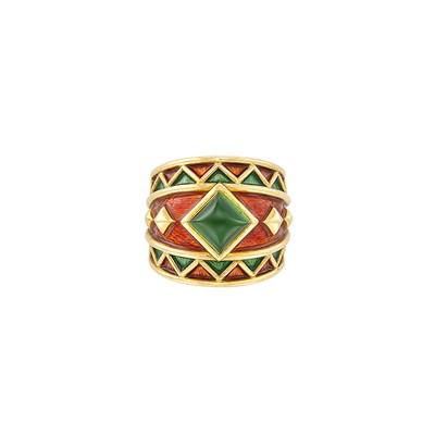 Lot 198 - Wide Gold, Cabochon Tourmaline and Enamel Ring