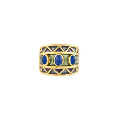 Lot 238 - Wide Gold, Cabochon Sapphire and Enamel Ring