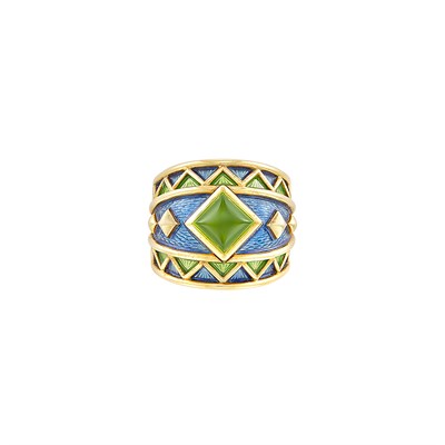 Lot 120 - Wide Gold, Cabochon Peridot and Enamel Ring
