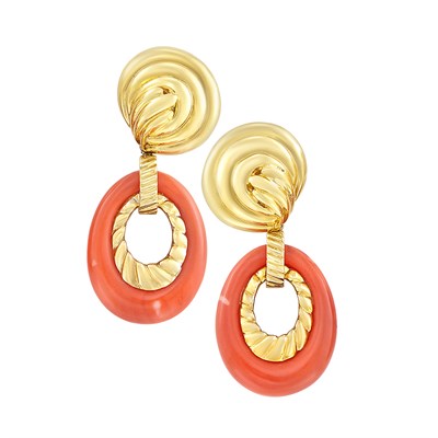 Lot 320 - Pair of Gold and Coral Pendant-Earrings