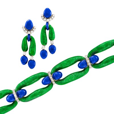 Lot 314 - Gold, Enamel and Diamond Bracelet and Pair of Pendant-Earclips, Spritzer & Fuhrmann