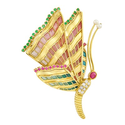 Lot 102 - Gold, Plique-à-Jour Enamel, Gem-Set, Diamond and Cultured Pearl Butterfly Clip-Brooch