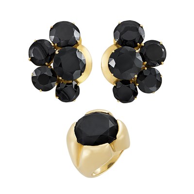 Lot 298 - Pair of Gold and Hematite Earclips and Ring
