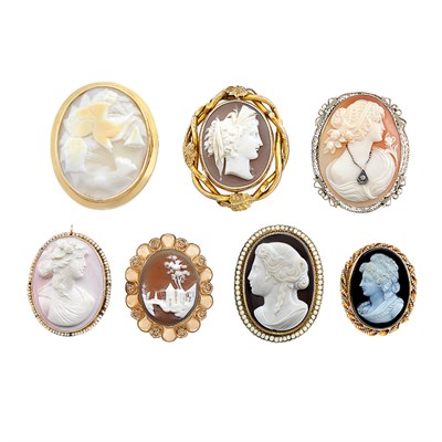Lot 297 - Seven Antique Gold, Low Karat Gold, Gold-Plated, Hardstone and Shell Cameos