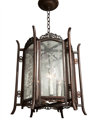 Lot 157 - Chinese Hardwood and Etched Glass Lantern...