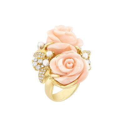 Lot 290 - Gold, Coral, Diamond and Cultured Pearl Flower Ring