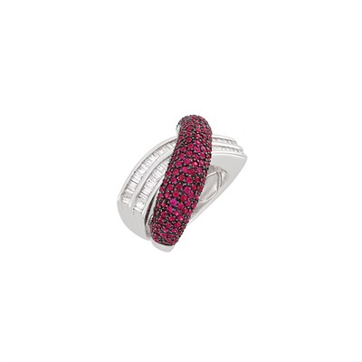 Lot 78 - White Gold, Blackened Gold, Ruby and Diamond Crossover Ring