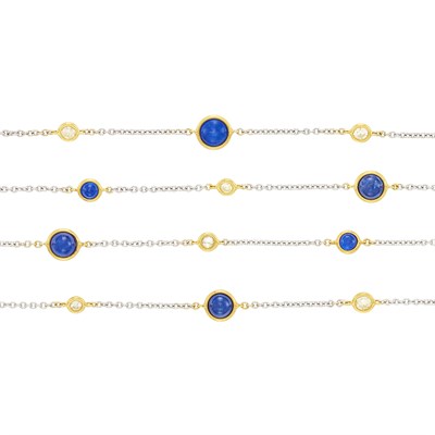 Lot 268 - Long Two-Color Gold, Cabochon Sapphire and Diamond Chain Necklace