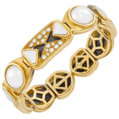 Lot 79 - Gold, Steel, Mabé Pearl, Mother-of-Pearl and Diamond Bangle Bracelet