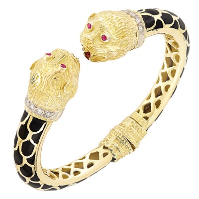Lot 75 - Gold, Black Enamel and Diamond Animal Head Bangle Bracelet