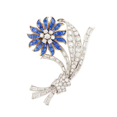 Lot 412 - Platinum, Gold, Diamond and Sapphire Flower Clip