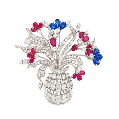 Lot 258 - Platinum, Diamond, Sapphire and Ruby Bouquet Clip-Brooch