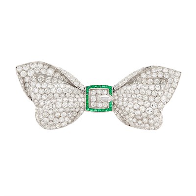 Lot 158 - Platinum, Diamond and Emerald Bow Pendant-Brooch