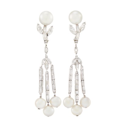 Lot 162 - Pair of Platinum, Cultured Pearl and Diamond Fringe Earclips