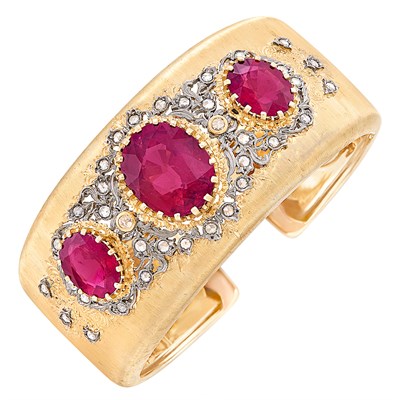 Lot 228 - Two-Color Gold, Rubellite and Diamond Cuff Bangle Bracelet