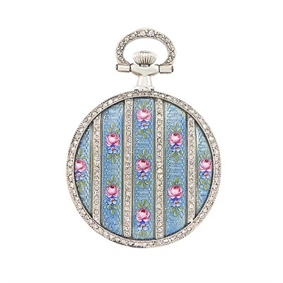 Lot 140 - Belle Époque Platinum, Enamel and Diamond Pendant-Watch, Shreve, Crump & Low
