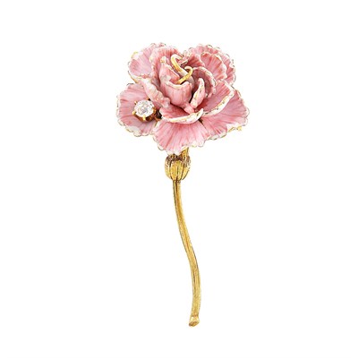 Lot 142 - Antique Gold, Pink Enamel and Diamond Flower Brooch, by Paulding Farnham for Tiffany & Co.