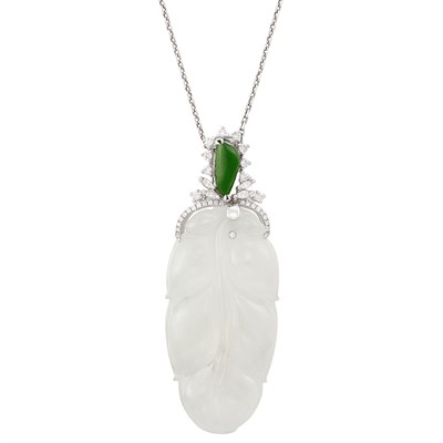 Lot 405 - Carved White Jade, Jade and Diamond Pendant with Chain Necklace