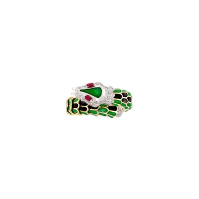 Lot 454 - Two-Color Gold, Enamel, Diamond and Ruby Snake Ring