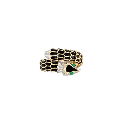 Lot 79 - Two-Color Gold, Black Enamel, Diamond and Emerald Serpent Ring