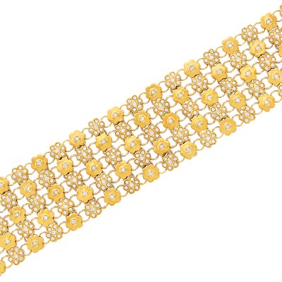 Lot 93 - Wide Five Row Gold and Diamond Floret Bracelet