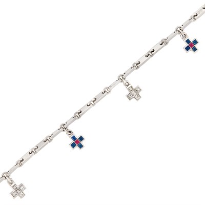 Lot 419 - White Gold, Diamond and Gem-Set Cross Charm Bracelet, Cartier