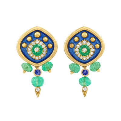 Lot 456 - Pair of Gold, Emerald, Diamond, Sapphire and Enamel Earrings