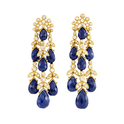 Lot 218 - Pair of Gold, Diamond and Sapphire Pendant-Earrings