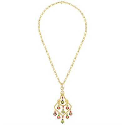 Lot 313 - Gold, Ruby, Sapphire, Tsavorite Garnet and Diamond Ladybug Pendant with Chain