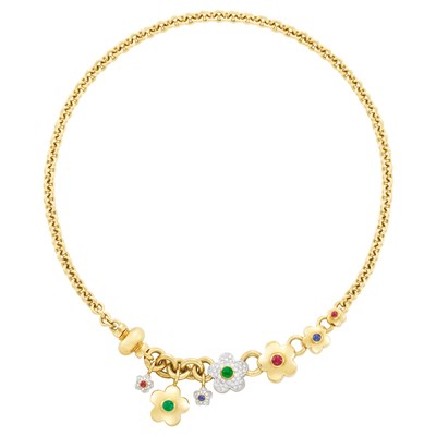 Lot 324 - Two-Color Gold, Diamond, Ruby, Emerald and Sapphire Necklace