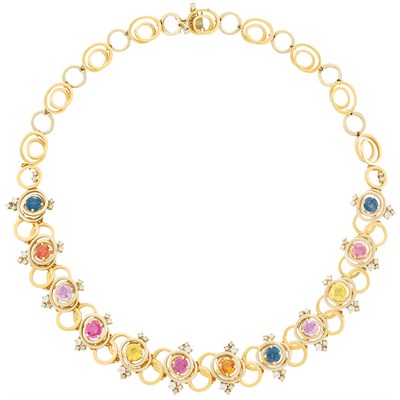 Lot 68 - Two-Color Gold, Multicolored Sapphire and Diamond Necklace