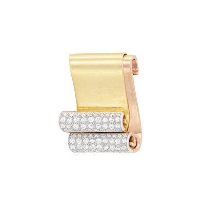 Lot 452 - Retro Tricolor Gold, Platinum and Diamond Scroll Clip-Brooch, Cartier
