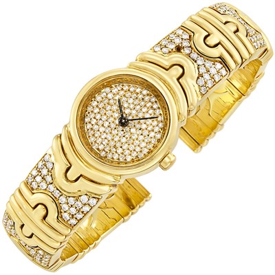 Lot 368 - Gold and Diamond 'Parentesi' Bangle-Watch, Bulgari
