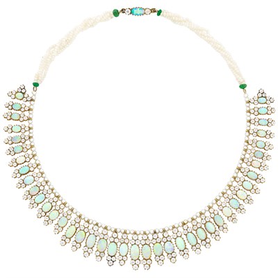 Lot 92 - Antique Gold, Opal, White Sapphire, Pearl and Emerald Fringe Necklace
