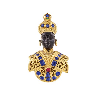 Lot 435 - Gold, Sapphire and Ruby Blackamoor Clip-Brooch, Nardi
