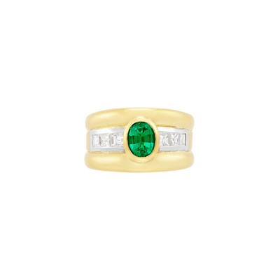 Lot 202 - Two-Color Gold, Emerald and Diamond Ring