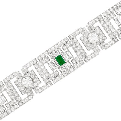 Lot 475 - Art Deco Platinum, Diamond and Emerald Bracelet