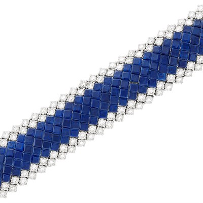 Lot 470 - White Gold, Invisibly-Set Sapphire and Diamond Bracelet