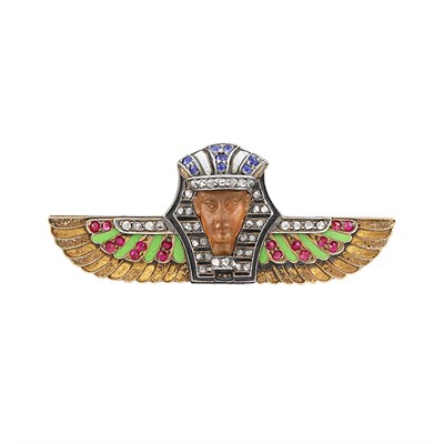 Lot 392 - Antique Egyptian Revival Gold, Enamel, Diamond, Citrine, Sapphire and Ruby 'Pharaoh with Wings' Brooch