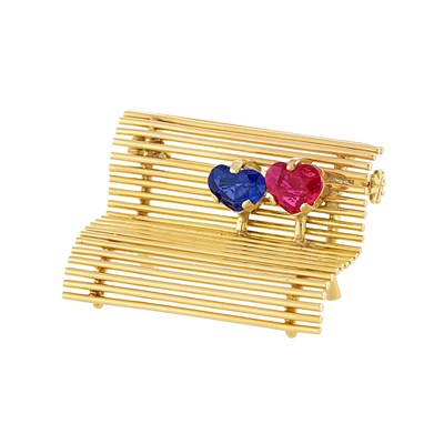 Lot 308 - Gold, Ruby and Sapphire 'Sweetheart Bench' Pin, Cartier
