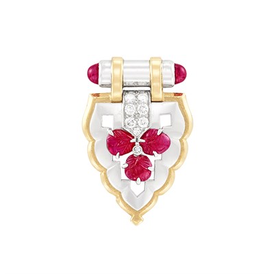 Lot 4 - Art Deco Platinum, Gold, Ruby and Diamond Clip-Brooch, Charleton