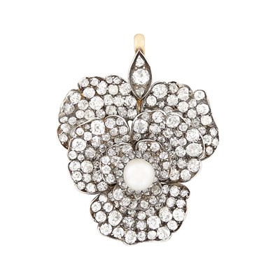 Lot 397 - Antique Silver-Topped Gold, Diamond and Pearl Pansy Pendant
