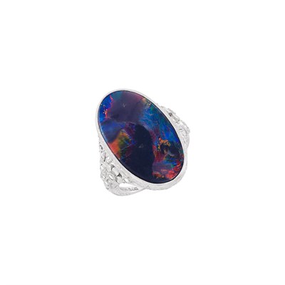 Lot 119 - Edwardian Platinum, Black Opal and Diamond Ring, Walton & Co.