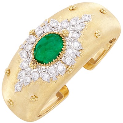 Lot 459 - Two-Color Gold, Emerald and Diamond Cuff Bracelet