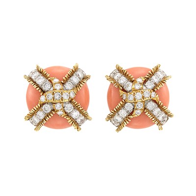 Lot 447 - Pair of Gold, Platinum, Coral and Diamond Earclips, David Webb