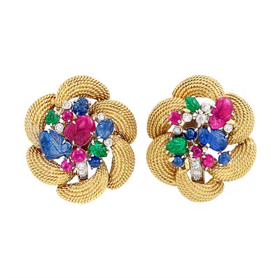 Lot 307 - Pair of Gold, Platinum, Ruby, Sapphire, Emerald and Diamond 'Tutti Frutti' Earclips, David Webb