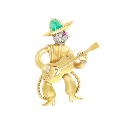 Lot 12 - Retro Two-Color Gold, Emerald, Diamond and Ruby Cowboy Brooch