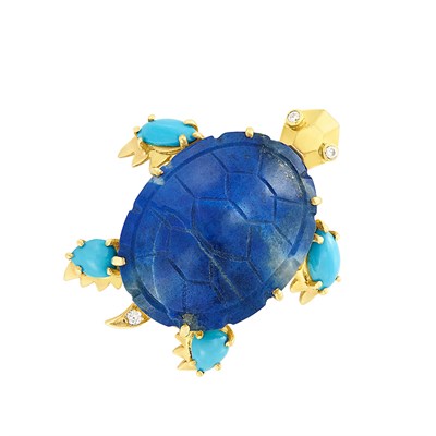 Lot 228 - Gold, Lapis, Turquoise and Diamond Turtle Brooch