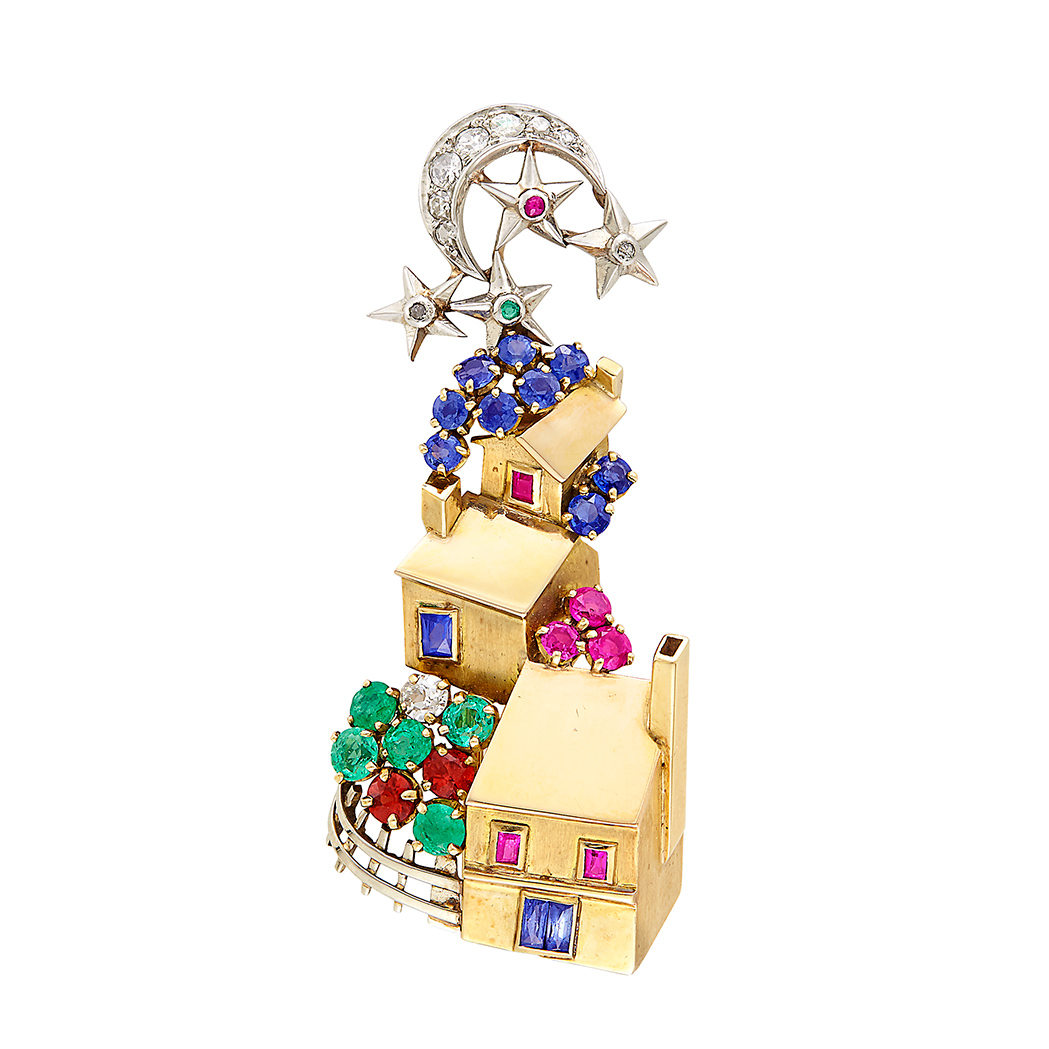 Lot 37 - Retro Gold, Platinum, Emerald, Ruby, Sapphire, Citrine and Diamond Clip-Brooch, France