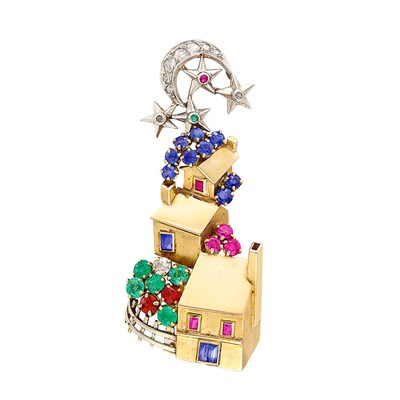 Lot 37 - Retro Gold, Platinum, Emerald, Ruby, Sapphire, Citrine and Diamond Clip-Brooch, France